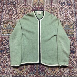 VTG 50s Barclay Sage Green Shetland Wool CC Zip Cardigan Sweater M USA Striped